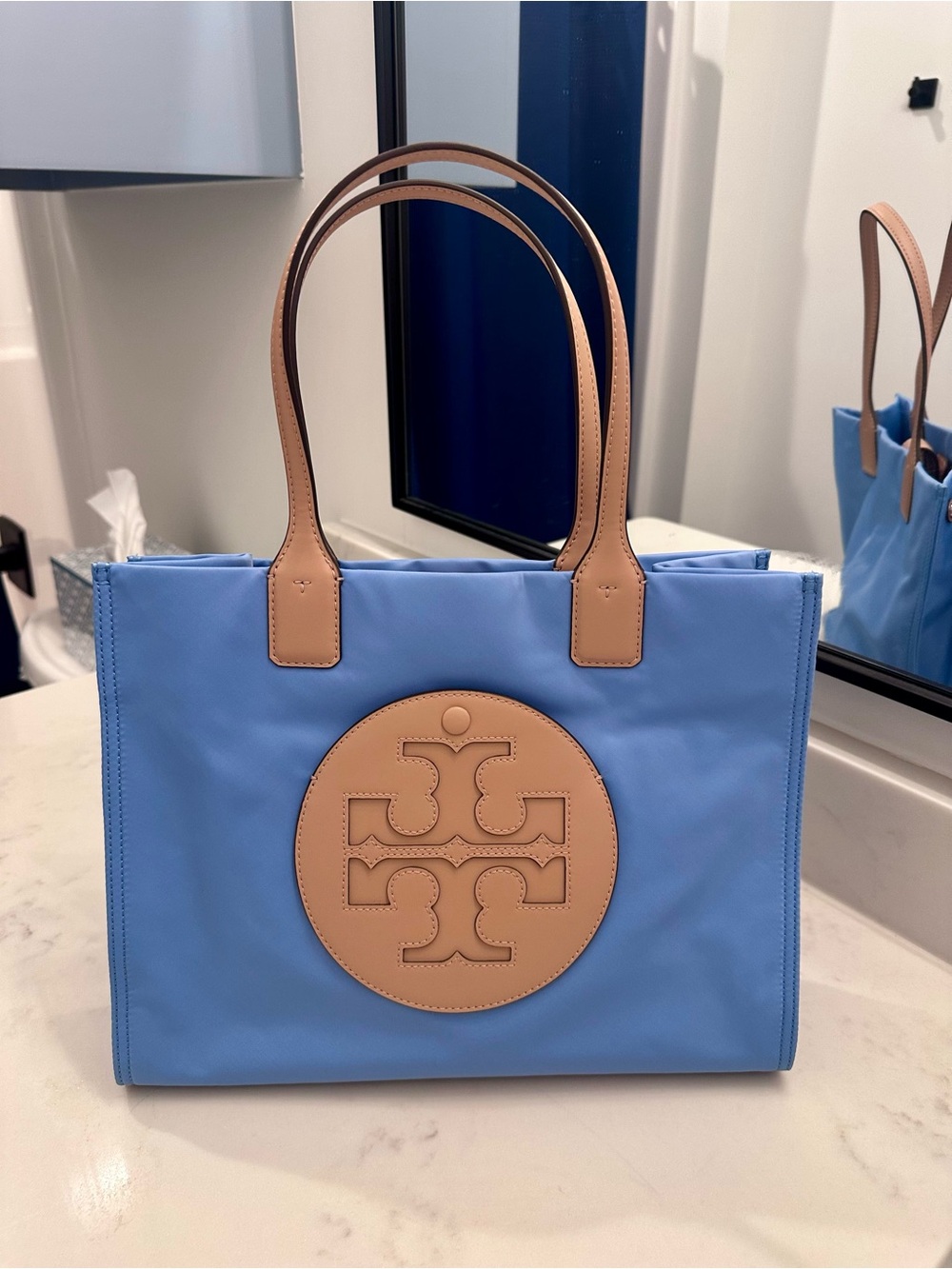 Tory Burch Light Blue Nylon Tote with Tan Leather Trim NWOT